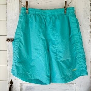 WEEKENDER, MENS, AQUA BLUE WITH YELLOW TRIM, SWIM TRUNKS. 2 SIDE POCKETS. SIZE M